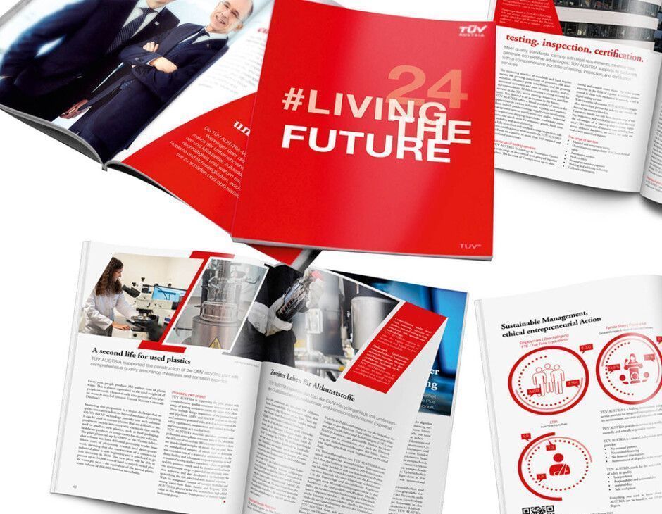 CEO Stefan Haas & CFO Christoph Wenninger present the TÜV AUSTRIA annual report "Living the Future 24" The current annual report provides a compact overview of the TÜV AUSTRIA Group's activities in another successful year in the company's history. The TÜV AUSTRIA annual report focuses in particular on the areas of testing, inspection and certification, digitalization and innovation, sustainability, education and training as well as research and development and the associated initiatives and solutions offered by the independent Austrian group of companies operating in 37 countries with over 100 locations and currently more than 3,900 employees.